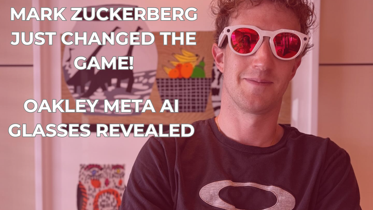 Mark Zuckerberg wearing white Oakley Meta AI Glasses with a black t-shirt, folded arms, confident expression, and a modern art background